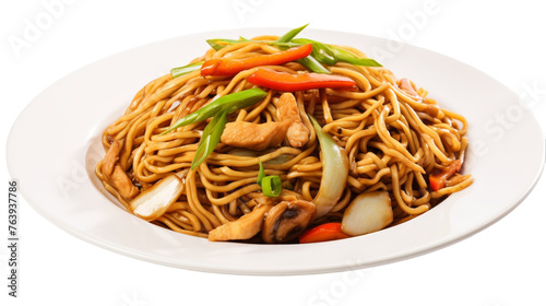 Delicious Chicken Chow Mein Noodles on transparent background