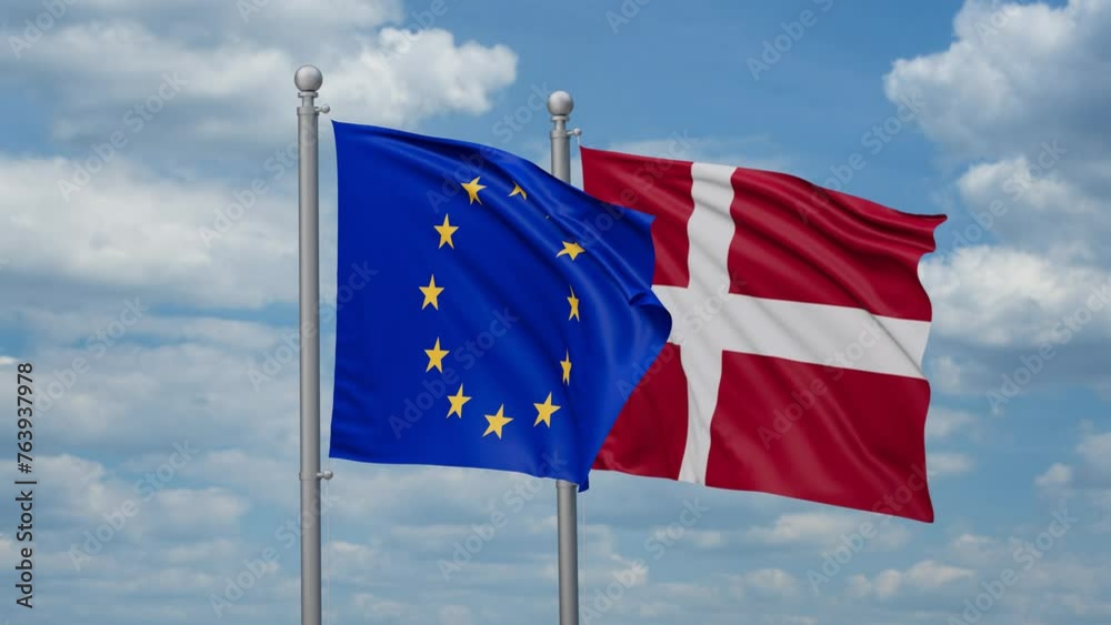 Denmark and European Union two flags waving together, looped video, two country relations concept Denmark and European Union two flags waving together, looped video, two country relations concept