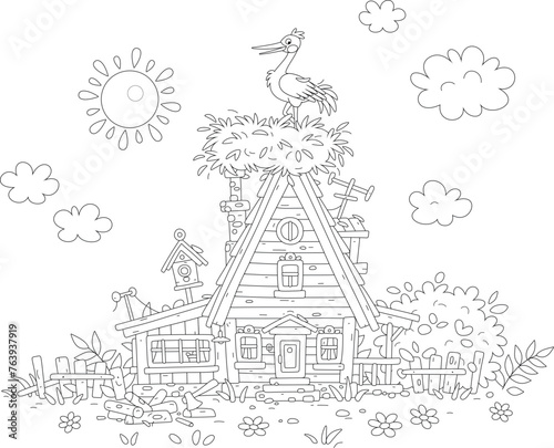 White stork in a big haulm nest on a roof of a small wooden village house in countryside on a sunny summer day, black and white outline vector cartoon illustration for a coloring book