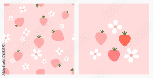 Seamless pattern with strawberry and white flower on pink background. Cute wall art decoration with hand drawn strawberries and cute flower icon sign vector.