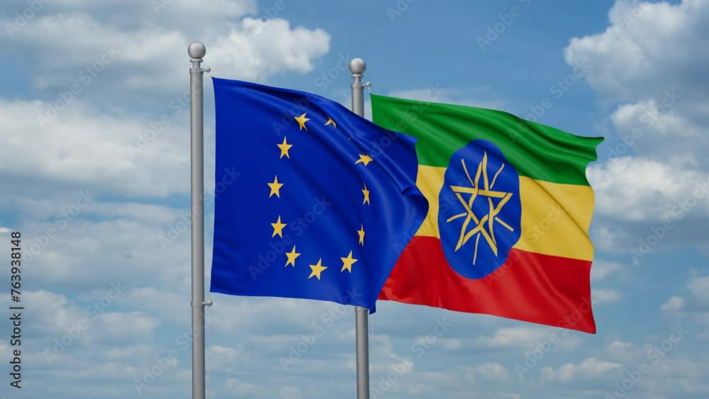 Ethiopia and European Union two flags waving together, looped video, two country relations concept Ethiopia and European Union two flags waving together, looped video, two country relations concept