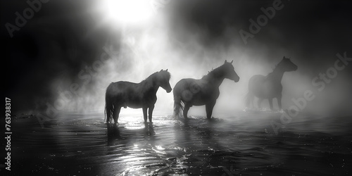 A desert with three horses white hat tuch and most great scene smoky blurred background