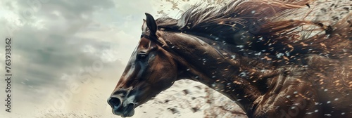 Majestic racehorse powering forward, mane flowing, embodying the spirit of horse racing © olga_demina