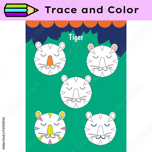 Pen tracing lines activity worksheet for children. Pencil control for kids practicing motoric skills. Tigers educational printable worksheet. Vector illustration.