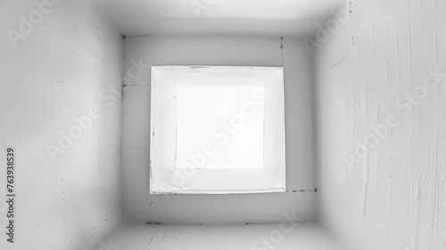 Empty clean white box from inside, monochromatic style, iperrealistic.