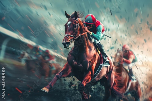 Leading jockey and horse in a decisive racing moment, heightened by explosive graphic elements
