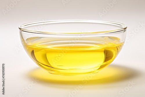 a clear bowl with yellow liquid in it