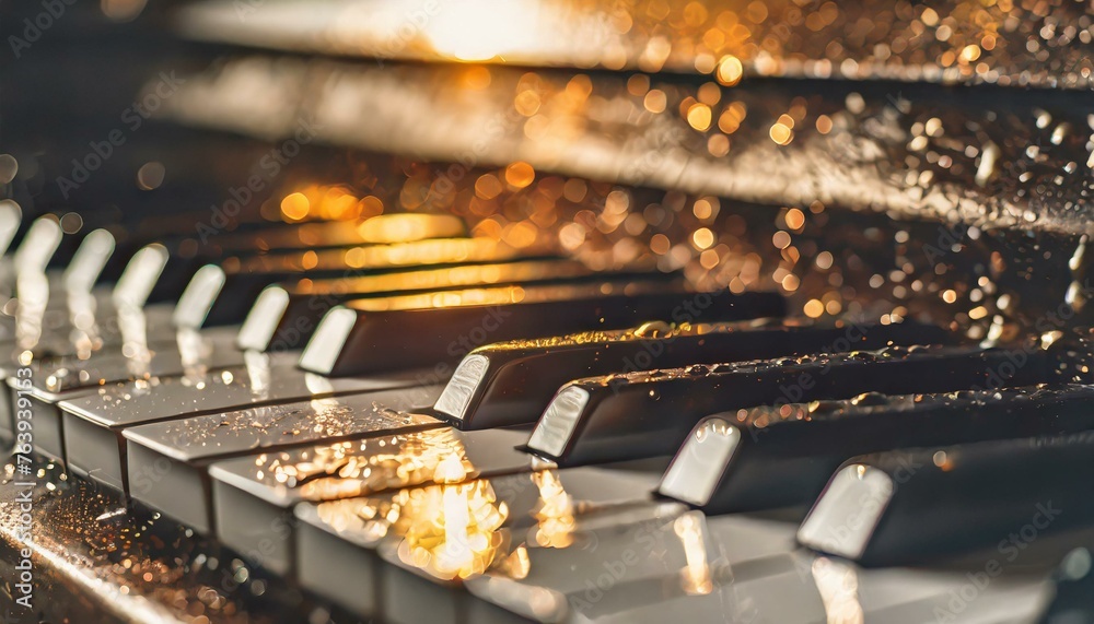 Harmonies of Contrasts: Black Piano Notes Amidst Golden Tones, Water, and Fire Harmonies of Contrasts: Black Piano Notes Amidst Golden Tones, Water, and Fire