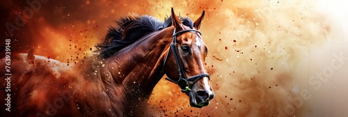Majestic racehorse surging forward with fiery backdrop, encapsulating energy of high-stakes race