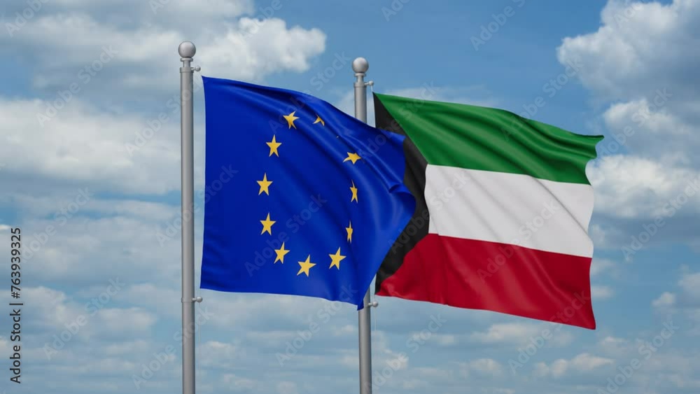 Kuwait and European Union two flags waving together, looped video, two country cooperation concept Kuwait and European Union two flags waving together, looped video, two country cooperation concept