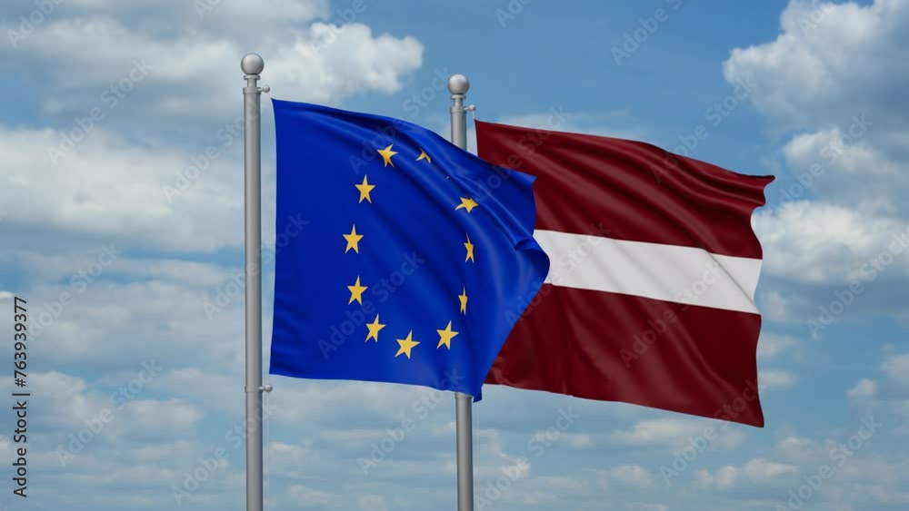 Latvia and European Union two flags waving together, looped video, two country cooperation concept Latvia and European Union two flags waving together, looped video, two country cooperation concept
