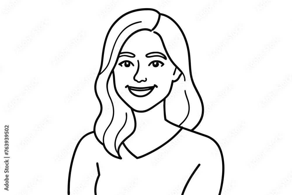 Portrait of handsome smiling young woman with folded arms, line art, vector illustration