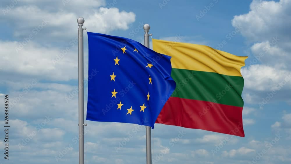 Lithuania and European Union two flags waving together, looped video, two country relations concept Lithuania and European Union two flags waving together, looped video, two country relations concept