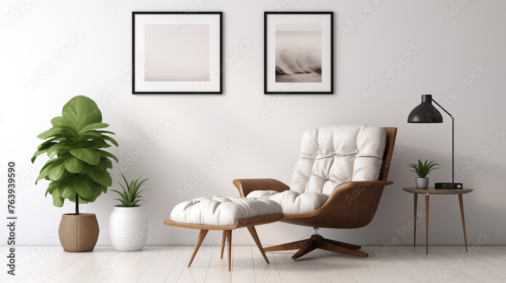 White leather armchair and footrest in bright living room interior with potted floor plant and stylish black lamp on tripod. White leather armchair and footrest in bright living room interior with potted floor plant and stylish black lamp on tripod.