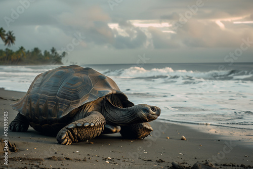Giant tortoise on the beach, in the shade on the shore overlooking the sea and rainforest with copy space © Simn