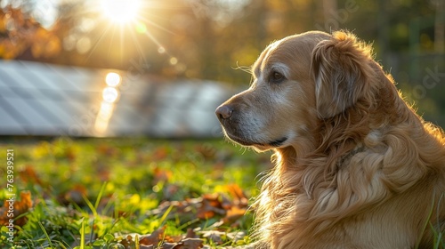 A golden retriever basking under the gentle sun, solar panels gleaming in the background, lush garden surrounds warm hues, eyelevel shot , vibrant