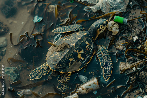 Sea turtle with rubbish and pollution, poor sad animal trapped in the filth and waste on the shore of a beach photo