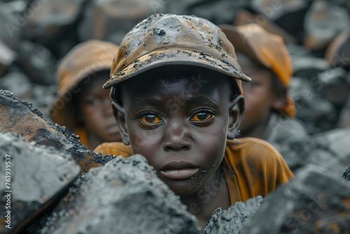 Children in impoverished African regions working in hazardous coal mines child labor issue. Concept Child Labor, Africa, Coal Mining, Poverty, Child Welfare