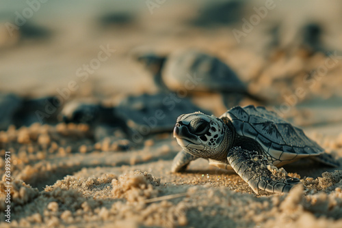 Turtle hatchling on the beach, copy space of a baby turtle on the sand with her newborn sisters on their way to the sea