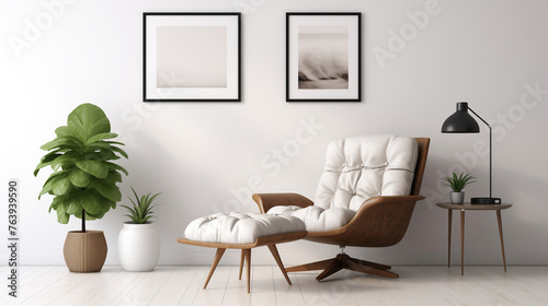 White leather armchair and footrest in bright living room interior with potted floor plant and stylish black lamp on tripod.
