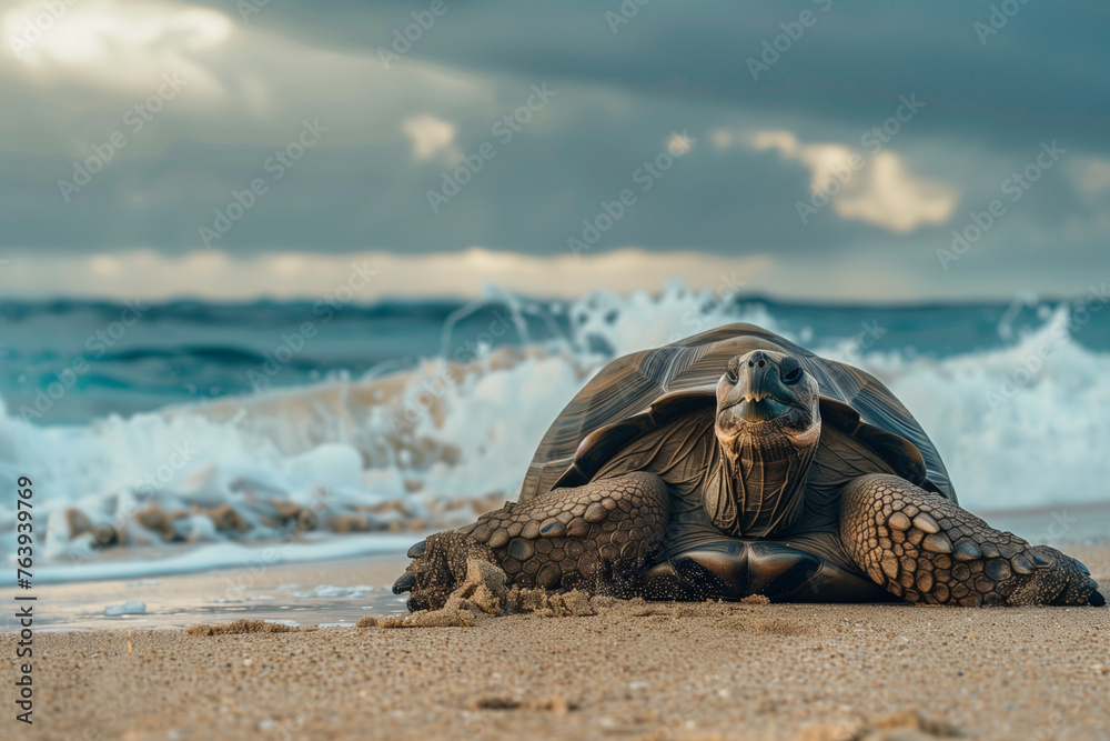 Giant turtle on the beach, marine reptile on the seashore with copy space nature photography