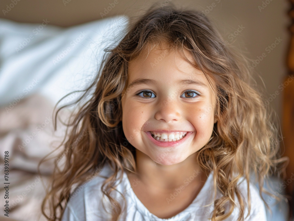 Portrait of cute girl smiling in bedroom. Portrait of cute girl smiling in bedroom.