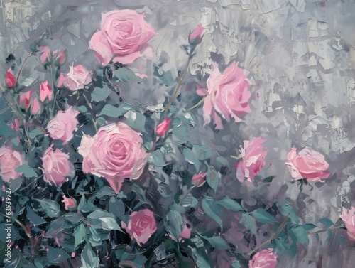 oil painting of pink roses in the style of dreamy color palette © lublubachka