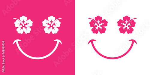 Logo vacaciones en Hawái. Silueta de emoticono con cara con flor de hibisco como ojos y sonrisa