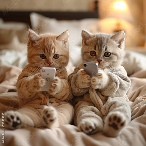 Due simpatici gattini inglesi a pelo corto che indossano il pigiama e tengono il telefono in mano, seduti sul letto a guardare la TV in una luce soffusa con colori caldi , formato quadrato photo