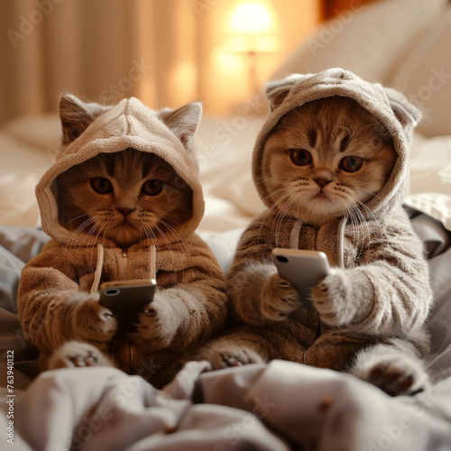 Due simpatici gattini inglesi a pelo corto che indossano il pigiama e tengono il telefono in mano, seduti sul letto a guardare la TV in una luce soffusa con colori caldi , formato quadrato