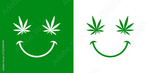 Logo con silueta de emoticono con cara con hoja verde de cannabis como ojos y sonrisa photo
