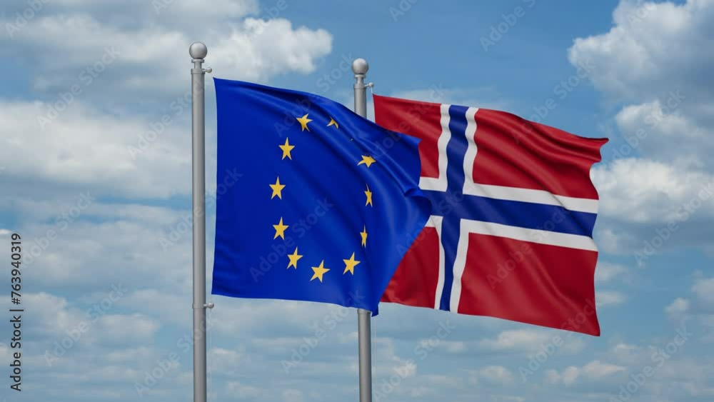 Norway and European Union two flags waving together, looped video, two country relations concept Norway and European Union two flags waving together, looped video, two country relations concept