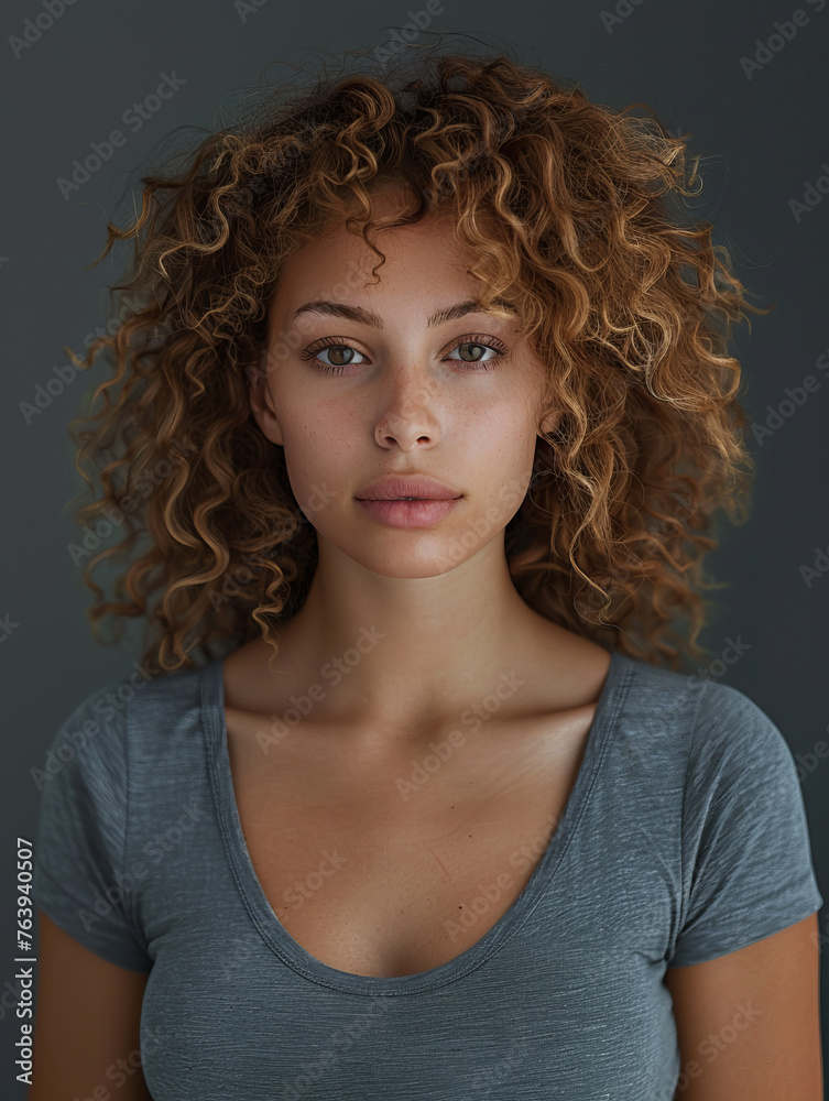 A portrait of a young woman with voluminous curly hair, neutral expression, and casual t-shirt against a grey background A portrait of a young woman with voluminous curly hair, neutral expression, and casual t-shirt against a grey background