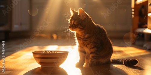 Pretty cat with expressive sad look indow wild beauty nature wooden sunreas on window blurred background photo