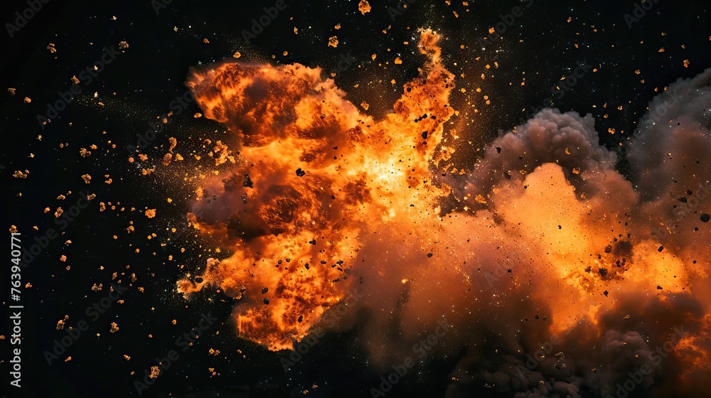 A spectacular explosion with intense flames and fiery debris against a dark background, depicting power and destruction - obrazy, fototapety, plakaty 