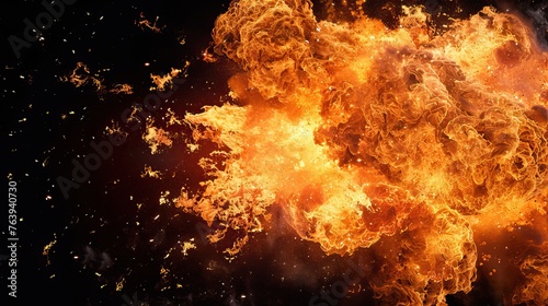 A spectacular explosion with intense flames and fiery debris against a dark background, depicting power and destruction