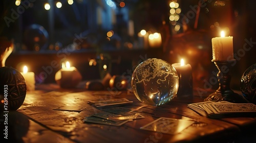 Table with candles for fortune telling, occultism, Cardreading Witches