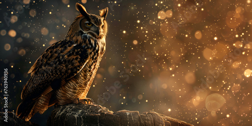 A large owl sitting top very large of wooden platform straddling orange eyes sits glowing brown background