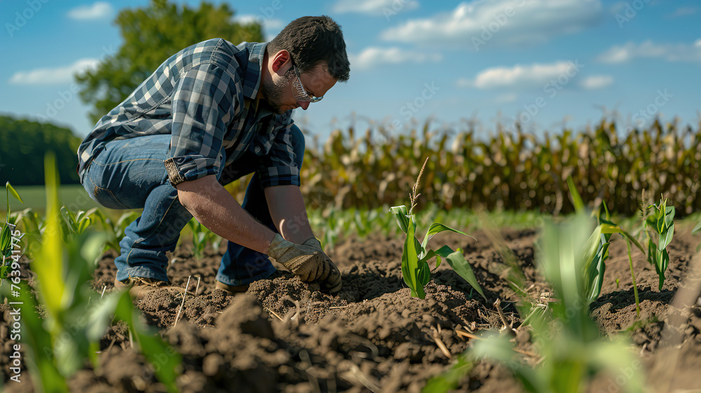 A young agronomist examines corn cobs on agricultural land. Farmer in a corn field on a sunny day A young agronomist examines corn cobs on agricultural land. Farmer in a corn field on a sunny day