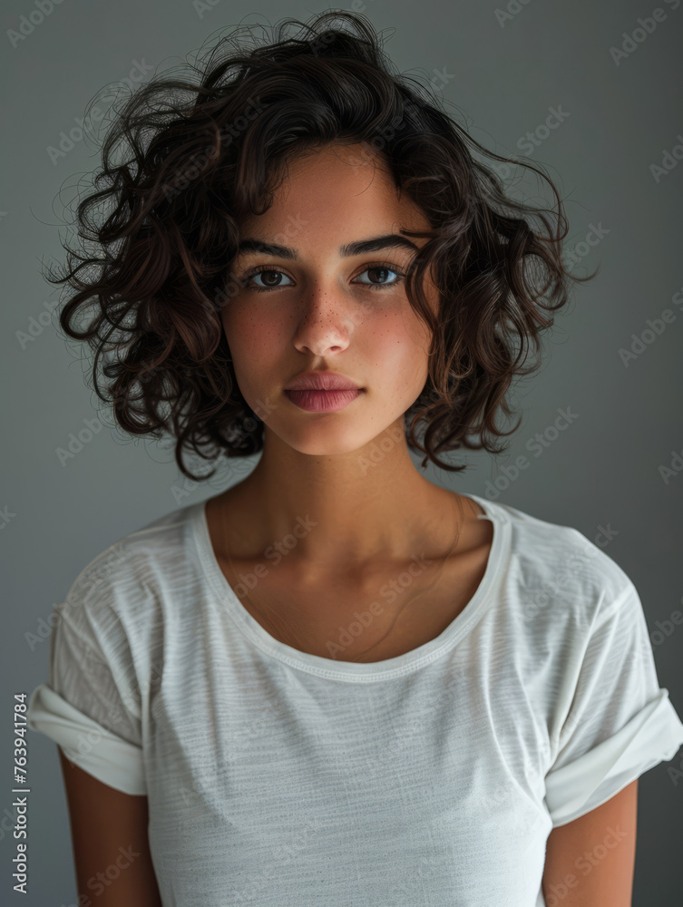 A close-up portrait of a dark-haired woman with a mesmerizing gaze and stylishly tousled hair A close-up portrait of a dark-haired woman with a mesmerizing gaze and stylishly tousled hair