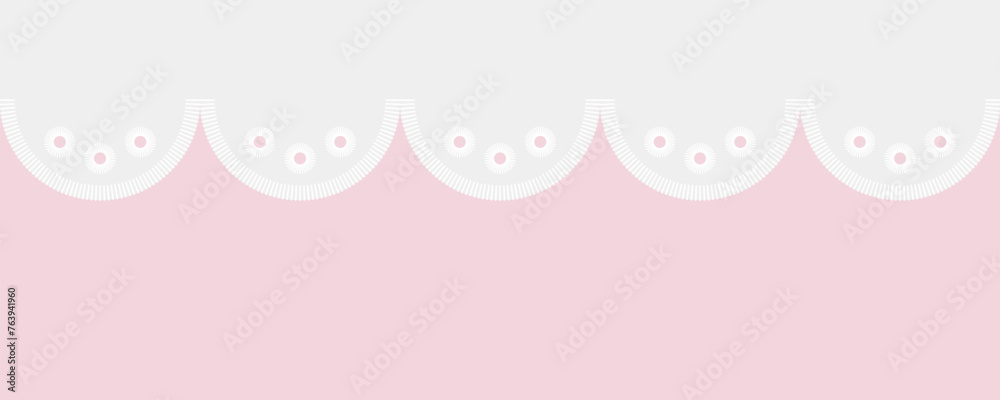 White lace pattern isolated on pink background. Seamless figured lace border, vector lace decoration. Seamless white stripe, delicate simple pattern, decoration for children's textile.