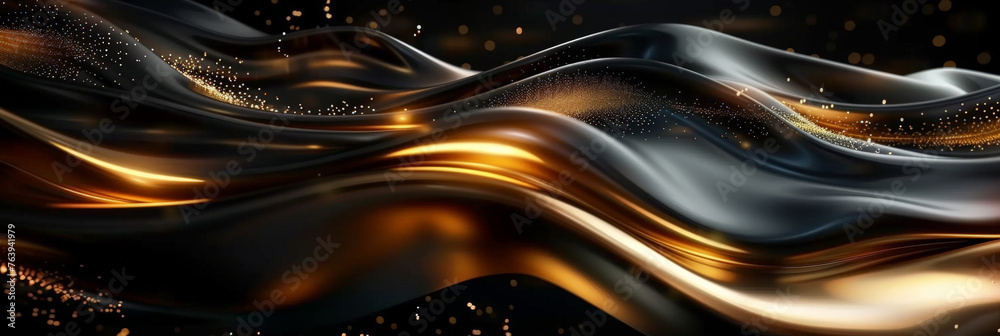 Black background with golden waves, elegant, luxury, metallic, 3d golden wave silk satin background. Abstract luxury swirling black gold background. Gold waves abstract background texture.banner - obrazy, fototapety, plakaty 