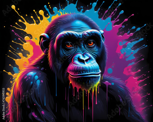 chimpanzee in slash art, neon colours, colourful, ape photo