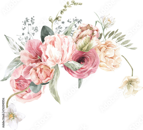 Fototapeta Naklejka Na Ścianę i Meble -  Watercolor Floral Bouquet Arch Frame. Pastel Wreath for Wedding Invitation Card