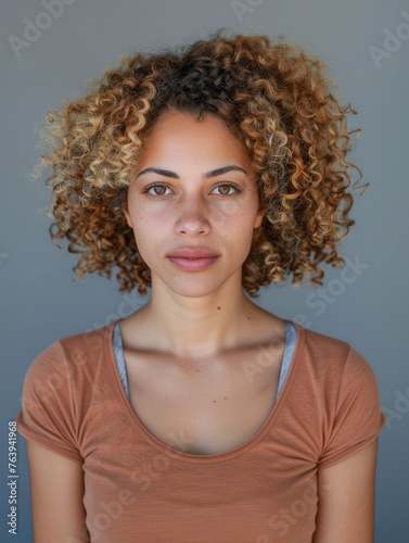Close-up portrait of a young woman with golden curly hair and subtle makeup, focused on her natural beauty