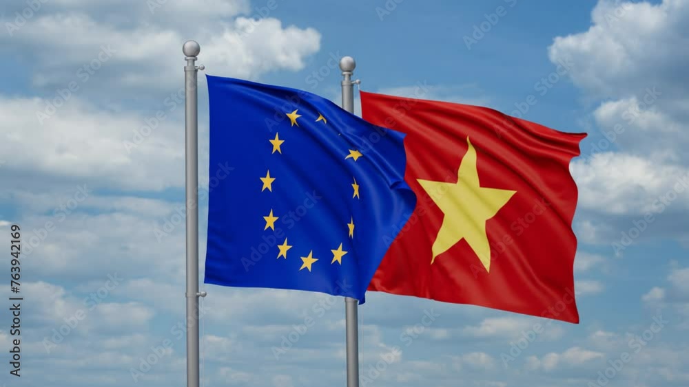 Vietnam and European Union two flags waving together, looped video