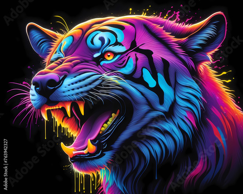 Tiger made of neon lights, glowing in the dark, vibrant colors, graffiti art, splash art, street art, spray paint	
