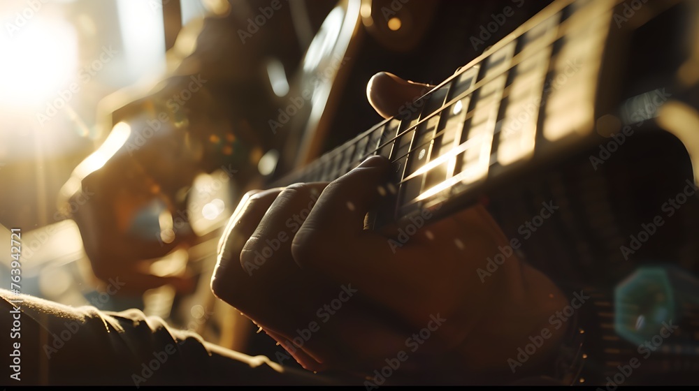 Fototapeta premium Close-up of Guitarist's Hands Strumming Electric Guitar in Sunlit Room