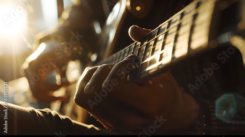 Close-up of Guitarist's Hands Strumming Electric Guitar in Sunlit Room photo