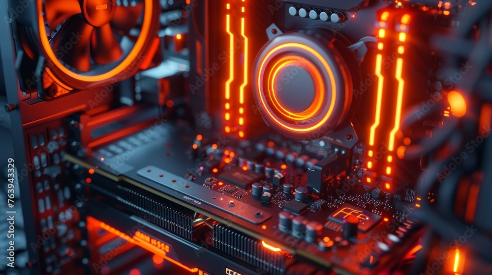 Modern PC cooling system installation bright LED lights Modern PC cooling system installation bright LED lights